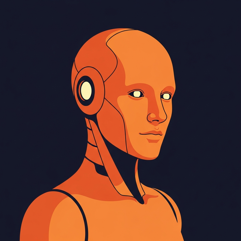 Maya Chen — minimalist orange robot host avatar